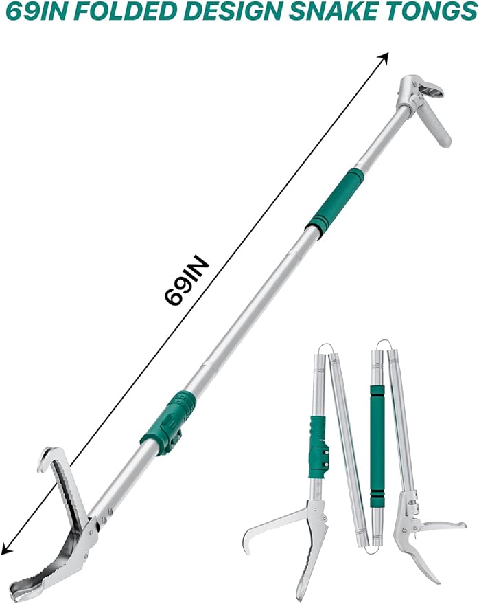 69" Snake Grabber Tool – Heavy Duty Locking Reptile Tongs for Rattlesnakes, Long Reach Folding Snake Catcher for Outdoor, Garden, and Emergency Use