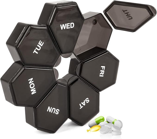 7-Day Weekly Pill Organizer and Daily Vitamin Case - Pill Box for Medication Management (1Pack Black)