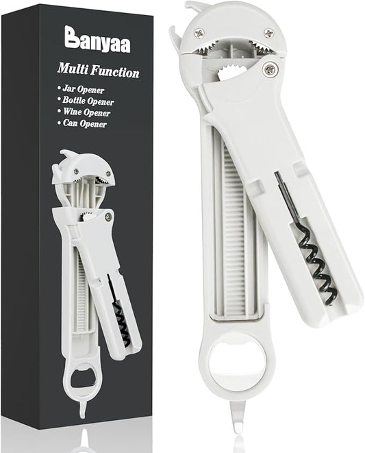 7 in 1 Jar Opener Bottle Opener and Wine Opener for Seniors with Arthritis, Weak Hands, Multi Retractable Magnetic Can Opener, Original Kitchen Lid Opener Tool (White)