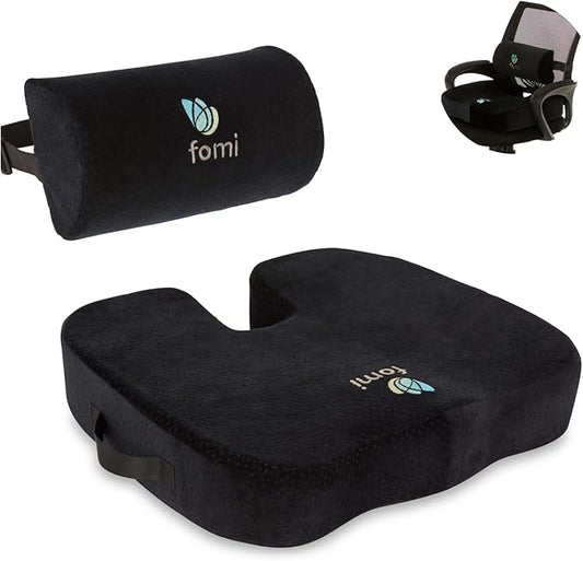 FOMI Extra Thick Coccyx Seat Cushion and Back Support Combo | Large Memory Foam Seat Pad and Lumbar Pillow for Car, Office, Gaming Chair, Wheelchair | Sciatica, Tailbone Pain Relief