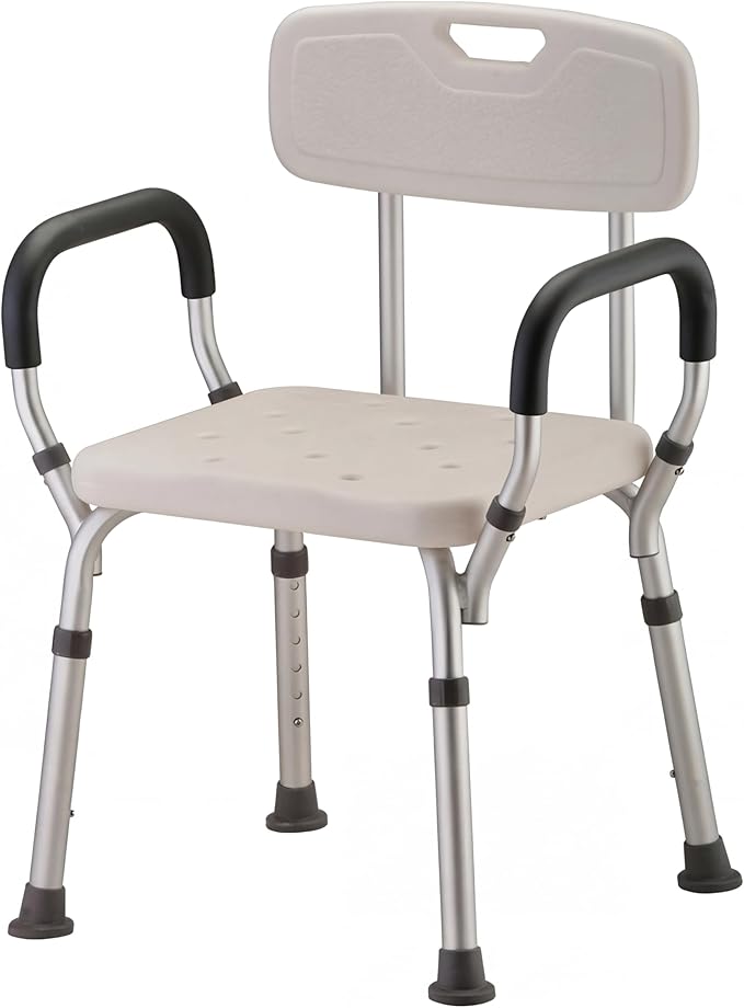 NOVA Bath & Shower Seat with Padded/Removable Arms & Back - for Seniors, Handicap & Medical Use, Adjustable Height, Aluminum Frame, Non-Skid Safety, Tool-Free Assembly, 300lb Weight Capacity
