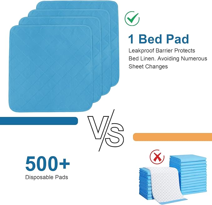 Bed Pads Washable Waterproof 34'' x 36'' (Pack of 4), Reusable Incontinence Underpads for Adults, Washable Pee Pads, Great for Dogs, Cats, Bunny, Seniors Bed Pad, Hospital Bed Sheets, Blue