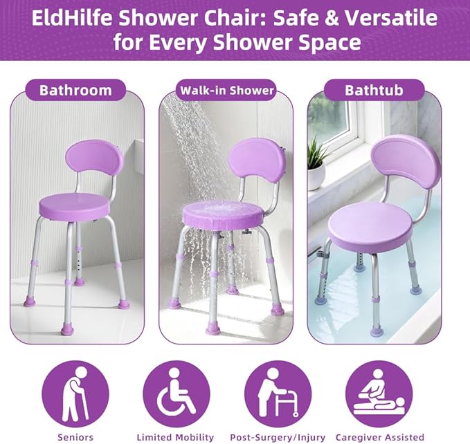 360 ° Rotating Shower Chair with Seat Back, Anti Slip Adjustable Height Bathtub Stool, Suitable for Elderly and Postoperative Patients as a Bathroom Shower Seat