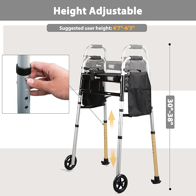 Folding Walker with Tray, 5" Wheels Lightweight Walkers for Seniors and Adults, Supports Up to 350 Pounds, Adjustable Height, Compact Standard Walker, Black