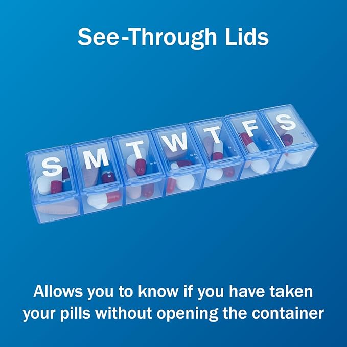 Amazon Basic Care Weekly Pill Organizer, 7-Day, Medium Compartments, Medicine Box, Blue (Pack of 2)