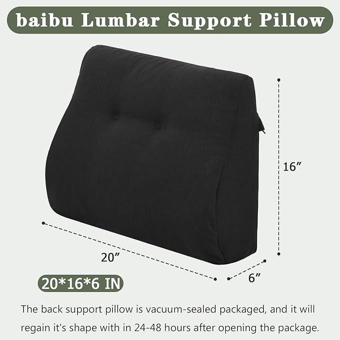 baibu Lumbar Support Pillow for Recliner, Large Memory Foam Dual-Layer Patent Design Back Support Cushion for Sofa & Gaming Chair, Ergonomic Lumbar Pillow with Machine Washable Cover, Black