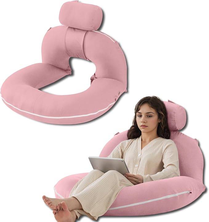INSEN Reading Pillow, Back Pillow for Sitting in Bed for Reading, Nurse & Relax, Reading Pillow for Adults, Moms & Kids, Sit Up Pillow for Bed, Pink