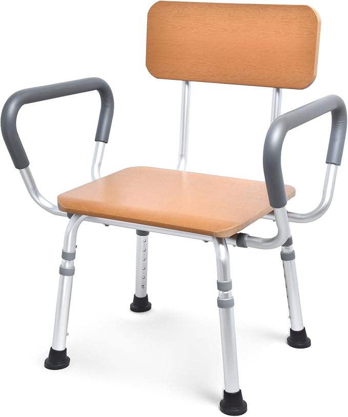 Sangohe Shower Chair for Inside Shower with Arms and Back, Height Adjustable Shower Chair for Elderly and Disabled, Wood Seat Board and Back, 400 lbs Heavy Duty Shower Seat for Seniors, 796A