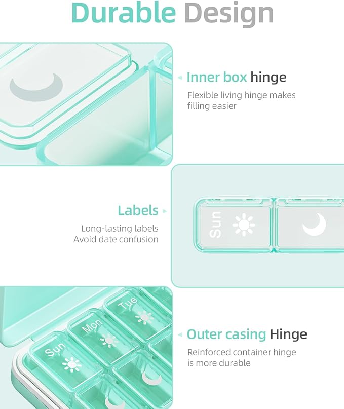 AM PM Pill Organizer 2 Times A Day, 7 Day Pill Box Weekly Pill Organizer Travel with Separate Container, Portable Daily Medicine Planner Dispenser Case for Vitamin, Fish Oils, Supplements（Green）