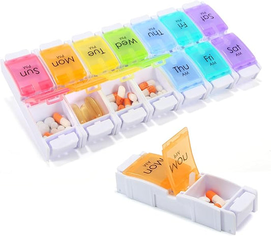 AM PM Pill Organizer 2 Times a Day, 7 Removable Daily Pill Cases with Permanent Printed Labels, Large Capacity for Fish Oil & Vitamins, BPA-Free Travel Medicine Holder for Seniors & Daily Use (1 Week)