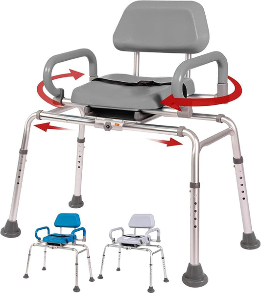 Carousel Sliding Shower Chair Transfer Bench with Swivel Seat, Premium Padded Bath, with Pivoting Arms, Adjustable Space Saving Design for Tubs, Shower, for Handicap & Seniors, Gray