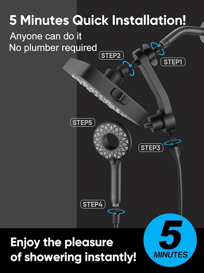 Cobbe Dual Shower Head with Magnetic Handheld, High Pressure Rain Shower Combo 2-in-1 Fixed & Detachable, Multiple Spray Modes, Built-in Magnet Dock 6ft Hose, Matte Black