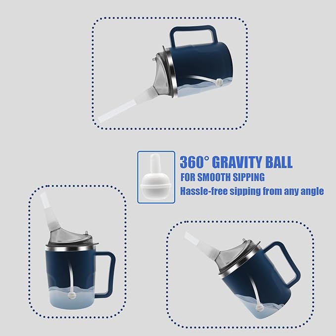 Adult Spill Proof Cup for Elderly, 3 in 1 Stainless Steel Sippy Cup with Straw and 2 Lids, Suitable for Seniors Disabled Patients Limited Mobility, 14 OZ