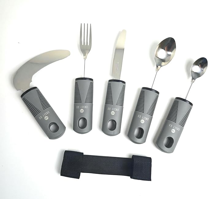 Adaptive Utensils for Elderly, Easy Grip Non-Slip Cutlery Set for Disabled Adults, 6-Piece Stainless Steel Includes Vertical Knife, Standard Knife, Flexible Fork & Spoons, Grip handle