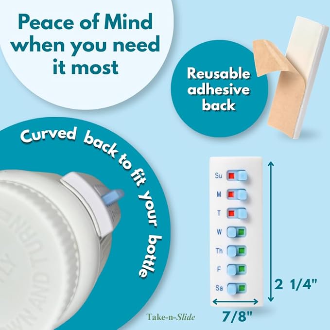 TAKE-N-SLIDE Peel and Stick Reusable for 12 + Refills, Pill/Medication/Vitamin/Pet Med Tracker & Reminder, Attach to Your Bottle, Organizer-Free, Curved‑Back (White, 2-Pack)