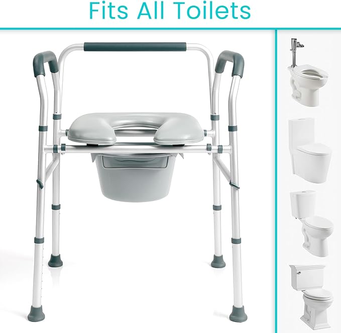 Vive Toilet Seat Riser for Seniors with Handles - Height Adjustable Raised Toilet, Safety Frame for Adults, Commode Chair, Padded Seat, Supportive Armrests (Gray)
