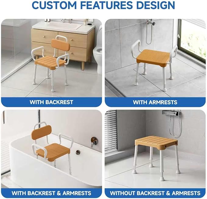 Shower Chair for Bathtub, Adjustable Height 15.7"–21.2" Bath Stool with Removable Backrest and Arms, Rust-Resistant Aluminum Frame, Non-Slip Rubber Feet, Supports 350 lbs， Brown