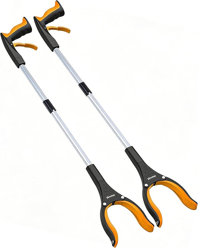 2 Pack Grabber Reacher Tool, 32" Foldable Reacher Grabber Pickup Tool for Elderly, Orange Heavy Duty Rotating Jaw Trash Litter Picker, Lightweight Arm Extension Mobility Aid for Disabled