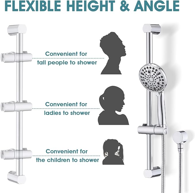 Hand Shower with Slide Bar, High Pressure 10 Setting Handheld Shower Head, Adjustable Height 24" Slide Bar, Wall Supply Elbow and 6.6ft Extra Long Shower Hose - Chrome