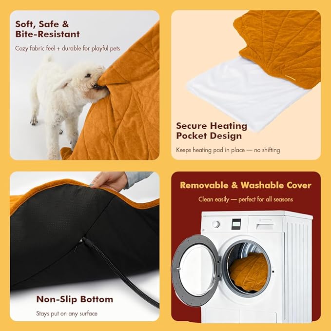 Vagascape Dog Bed, Waterproof Pet Bed with Washable Removable Cover, Comfort Cat Dog Pad for All Seasons, Heating Yellow Maple-Leaf Shape Cat Mat with Nonskid Bottom(47"x36")