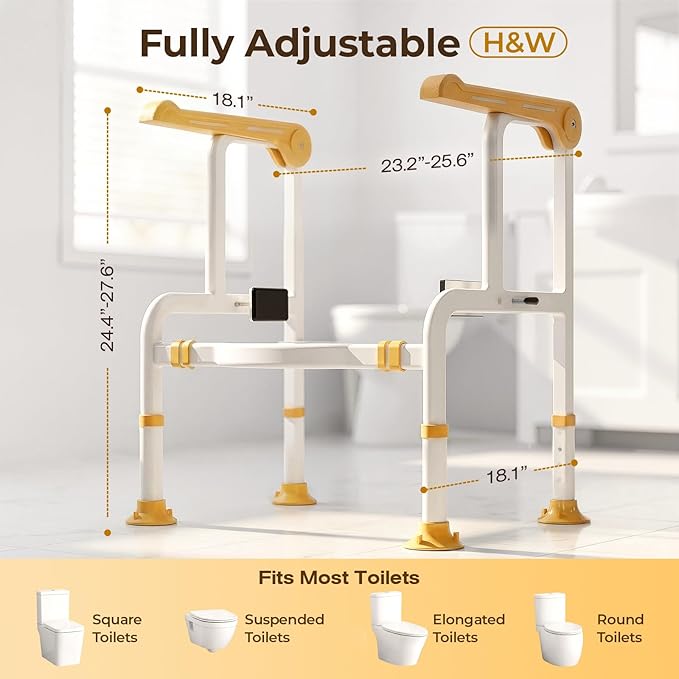 Toilet Safety Rails for Elderly & Disabled with Glow-in-the-Dark Handles, 450 lbs Heavy-Duty Frame, Flip-Up Arms, Dual Lock (Suction & Clamp), Adjustable No-Wobble Support, Yellow