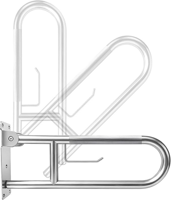 U-Shaped Toilet Grab Bar, Flip-Up Bathroom Safety Rail with Paper Holder, Wall Mounted Anti-Slip Support Handle for Elderly, Disabled & Post-Surgery Assistance (Brushed Nickel, 30 Inch)