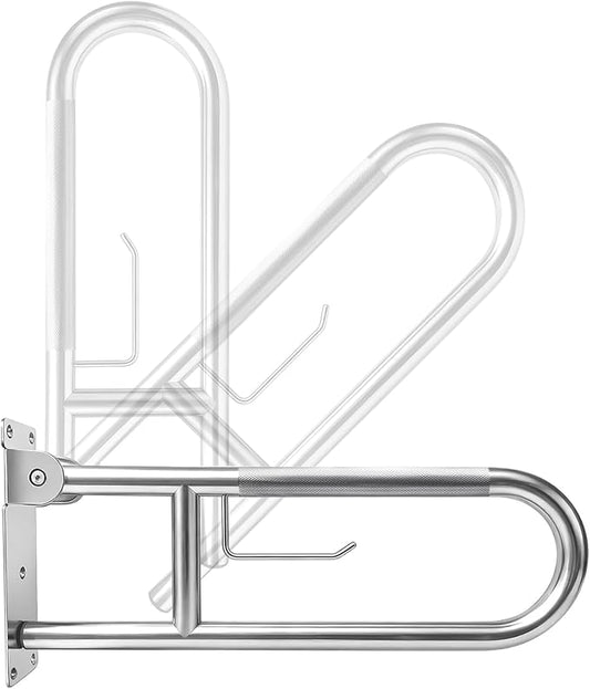 U-Shaped Toilet Grab Bar, Flip-Up Bathroom Safety Rail with Paper Holder, Wall Mounted Anti-Slip Support Handle for Elderly, Disabled & Post-Surgery Assistance (Brushed Nickel, 30 Inch)