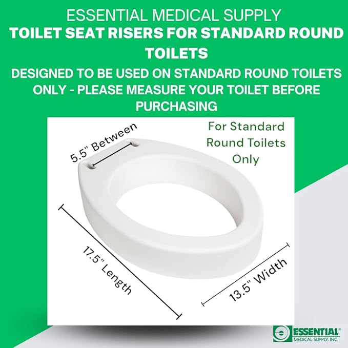 Essential Medical Supply Standard Bowl Round Toilet Seat Riser with 3.5" Rise - 17.5" x 13.5" x 3.5", Elevating and Raising Toilet Seat for Seniors, Adults and The Elderly with 300lb Weight Capacity