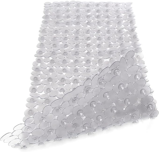 WELTRXE Non Slip Bathtub Mat 35 x 16 Inches Pebbles Shower Mats with Suction Cups, Drain Holes for Bathroom Showers, Tub, Machine Washable Bathroom Mats BPA, Latex Free Safe Tub Mats - Clear Gray