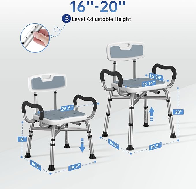 BRITULIF Adjustable Shower Chair with Arms & Back, Stable Heavy Duty 550lbs Safety Bathtub Seat with Non-Slip Feet, Rust-Resistant Aluminum Frame & Tool-Free Assembly for Elderly & Disabled