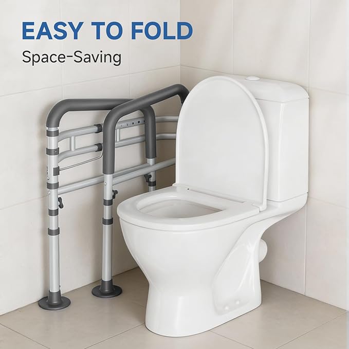 Loyoda Steel Toilet Safety Rail for Seniors- Heavy-Duty 11.7lbs for Stability & Support, Adjustable and Foldable Toilet handrail for Elderly and Disabled （Gray）