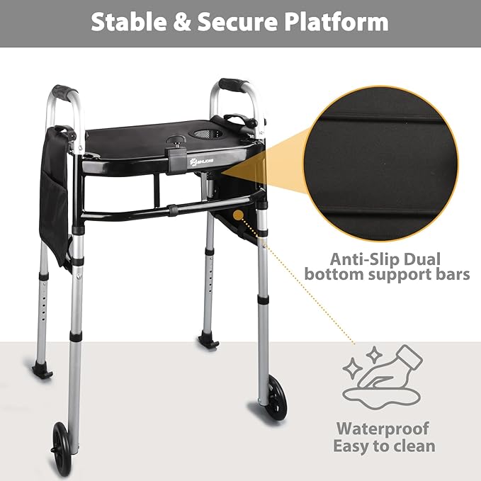 Folding Walker with Tray, 5" Wheels Lightweight Walkers for Seniors and Adults, Supports Up to 350 Pounds, Adjustable Height, Compact Standard Walker, Black