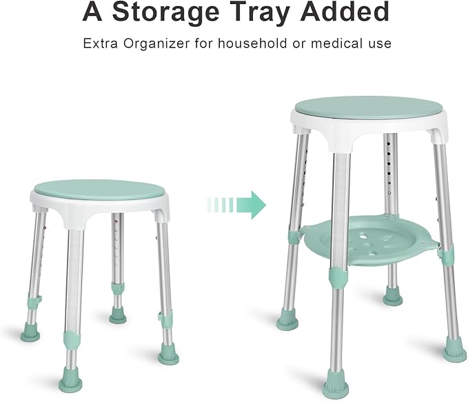 Swivel Shower Stool 350lbs, Tool-Free Assembly Adjustable Shower Seat Bathroom Stool with Storage Tray & Anti-Slip Rubber Tips for Safety and Stability