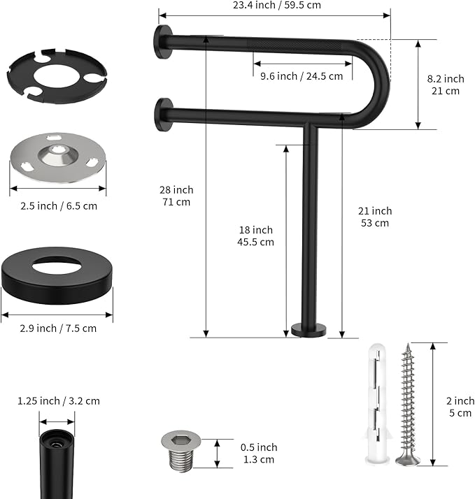 Toilet Support Rail 23.4X 28 Inch, Munzong Anti-Slip Black Handicap Grab Bar for Bathroom, Stainless Steel Knurled Safety handrails with Leg for Elderly Disabled Pregnant-1.25’Tube