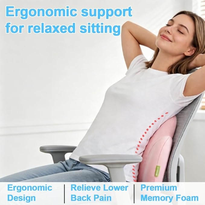 Lumbar Support Pillow for Office Chair, Gaming Chair, Car Driver Seat Back Cushion, Bed & Couch, Gifts for Friends and Parents,Ergonomic Back Support Pillow with Comfortable Memory Foam(Pink)