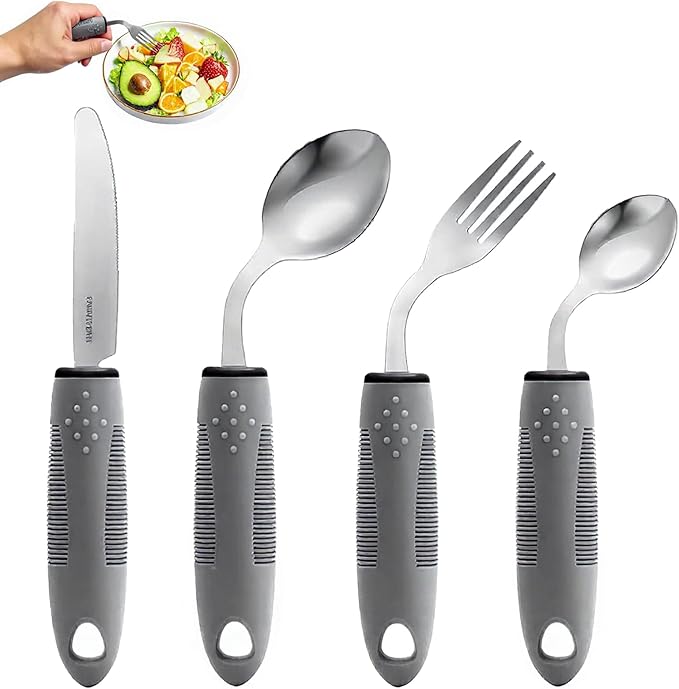 4Pcs Adaptive Utensils for Elderly, Weighted Adaptive Eating Utensils, Adaptive Utensils Set Non-Slip Handles for Hand Tremors Seniors Arthritis Parkinson’s (Left-Handed, Grey)