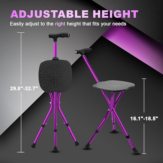 BigAlex Alloy Folding Cane with Seat, Lightweight Adjustable Walking Cane with Seat, Cane Seat with LED for Seniors, Cane Chair for Woman/Man,Anti-Slip Walking Stick for Seniors
