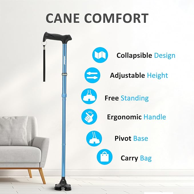REHAND Walking Cane for Men & Women - Foldable, Adjustable, Lightweight, Self Standing Pivot Walking Cane, Soft Handle Grip, with Travel Bag, Walking Sticks for Seniors & Adults