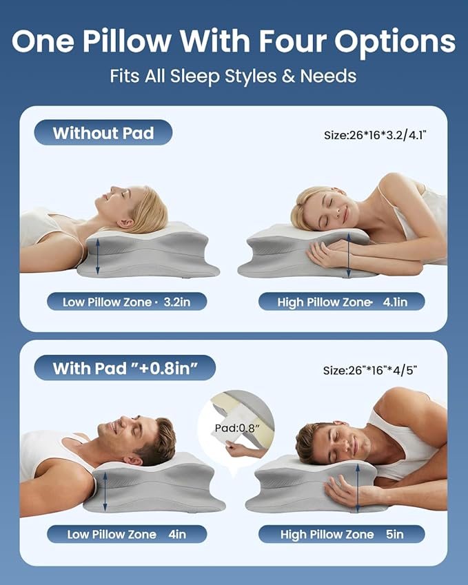 Cervical Pillow for Neck Pain Relief, 4-Height Adjustable Oeko-TEX Memory Foam Contour Pillow for Sleeping, Ergonomic Orthopedic Cooling Neck Pillow for Side Back Stomach Sleepers, Arm Support