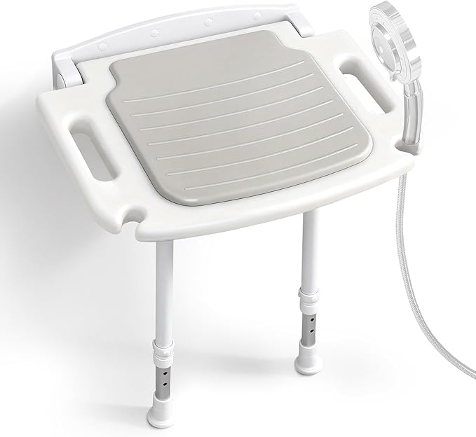Wall Mounted Shower Seat with Arms, 2mm Thick Aluminum Frame Supports 550lbs, Folding Shower Chair with Memory Foam Cushion, 8 Adjustable Heights, Fold Down Bathroom Bench for Seniors & Disabled