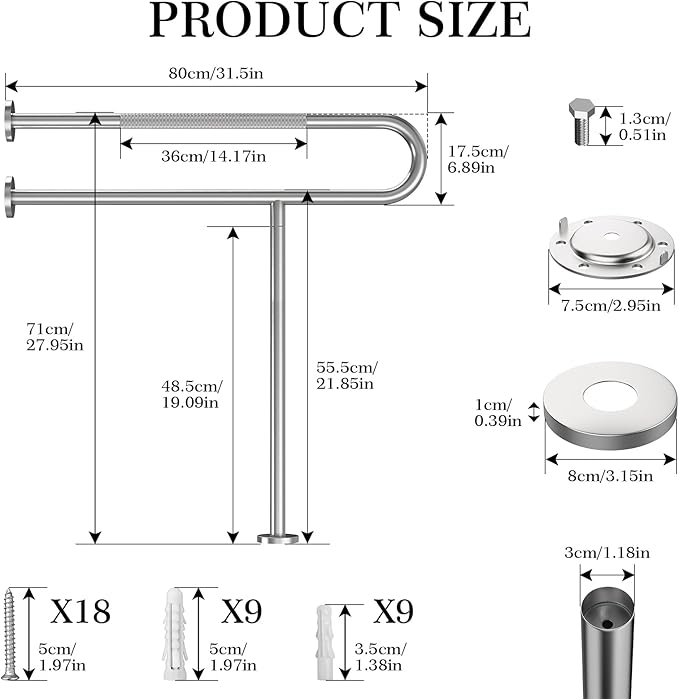 Toilet Grab Bar Support Rail 31.5 Inch, Anti-Slip Knurled Brushed Nickel Safety Bar, Handicap Bathroom Handrails for Elderly Disabled Pregnant, 304 Stainless Steel Wall to Floor