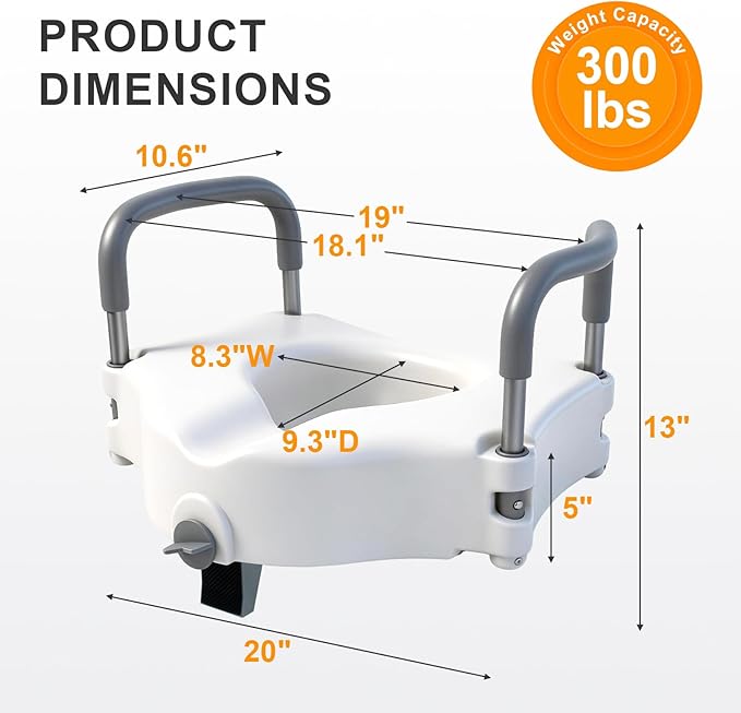 Raised Toilet Seat with Handles, Toilet Seat Riser for Seniors with Adjustable Height & Width, Cozy Padded, 300lb Capacity, Handicap Toilet Seat for Elderly