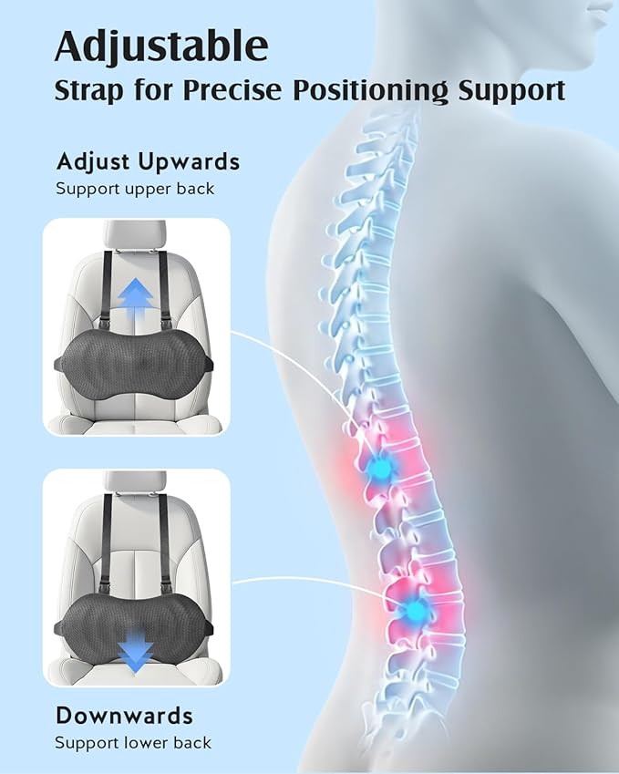 YFONG Lumbar Support Pillow for Car & Office Chair, Memory Foam Back Cushion with Adjustable Straps Non-Slip, Firm Support for Lower Back Pain Relief, Grey