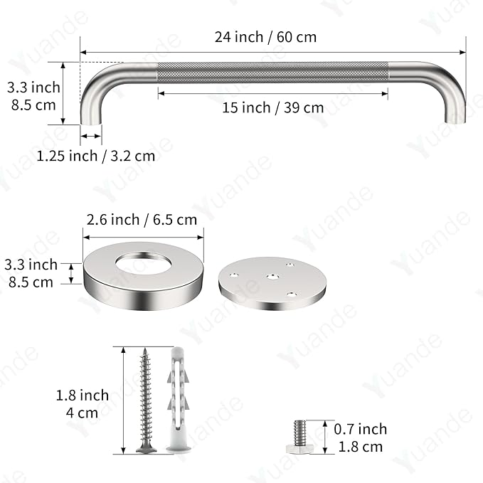 4 Pack 24 Inch Shower Grab Bar, YuanDe Brushed Nickel Bathroom Grab Bar Handle w/Anti-Slip Knurled Grip, Stainless Steel Bath Balance Bar, 1.25" Diameter Safety Hand Rail Support,Handicap Elderly