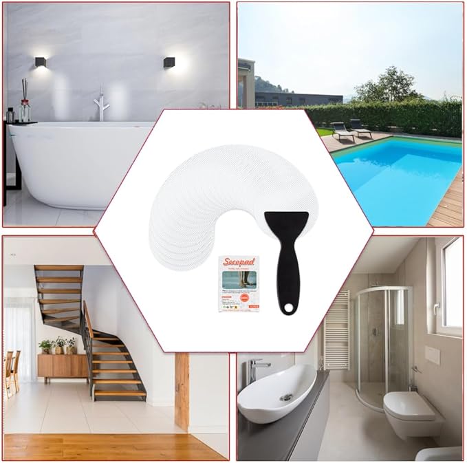 Secopad Original Bathtub Non-Slip Stickers for Tub & Shower Floor, Strong Anti-Slip Shower Stickers with Scraper Ideal for Families with Kids, Adults & Seniors, 12 PCS (White)