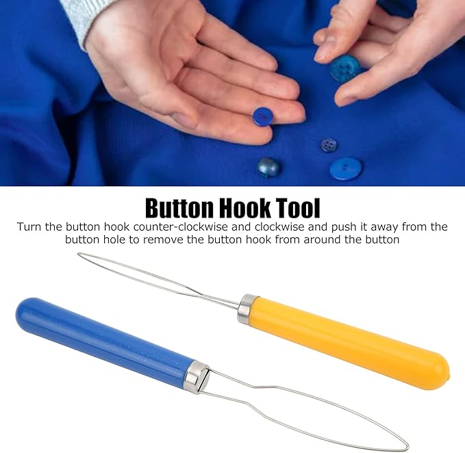2Pcs Button Hook Tool, 6.8x0.6in Button Helper, Stainless Steel Easy Buttons Hook, Portable Buttons Assist Device Helper Tool with Plastic Handle for Sewing, Tailoring