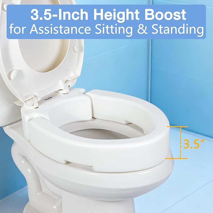 3.5 Inch Raised Toilet Seat Risers for Seniors and Adults, Hinged Elevated Toilet Seat for Elongated Toilets, Support to 300 Lbs, White (Elongated)