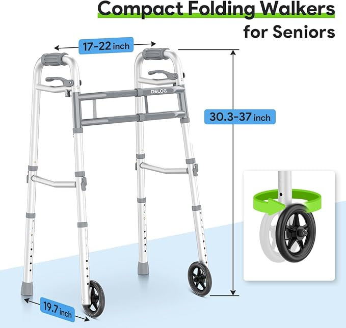 Delog Narrow Folding Walker for Seniors with Trigger Release and 5 Inches Wheels, Lightweight Supports Up to 350 lbs, Aluminum Folding Walker for Elderly, Handicapped and Disabled