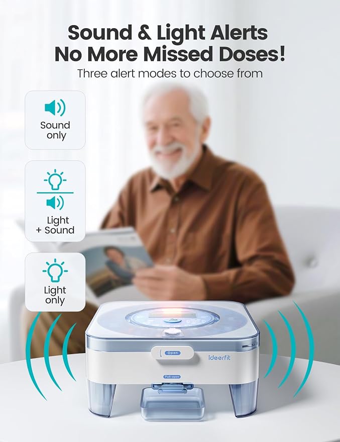 28-Day(1X) Automatic Pill Dispenser – One-Press Daily Dispense (No APP), Easy-to-Use Slide-Door Cup, Sound & Light Alerts, Moisture-Proof Dual Desiccants, Large Compartments for Tablets & Capsules