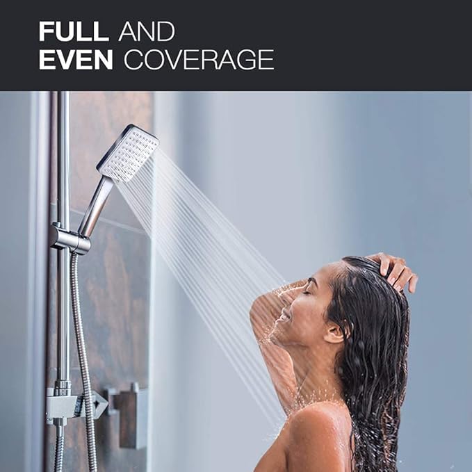 Newentor® Handheld High Pressure 6 Spray Modes/Settings Detachable Chrome Finish Square Shower Head with Stainless Steel Hose and Multi-Angle Adjustable Shower Stand